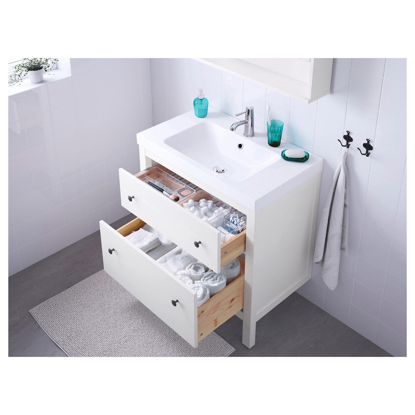 Фото ХЕМНЭС / ОДЕНСВИК Шкаф под раковину с 2 ящиками белый/смеситель Runskär