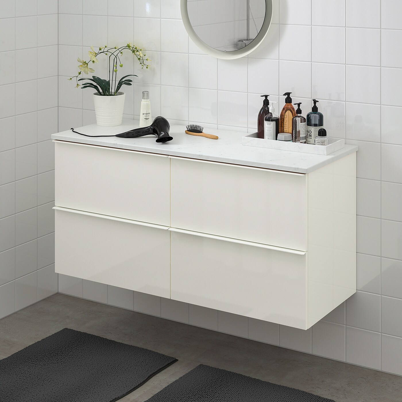Фото ГОДМОРГОН / ТОЛКЕН Шкаф под раковину с 4 ящиками глянцевый белый/мраморный эффект