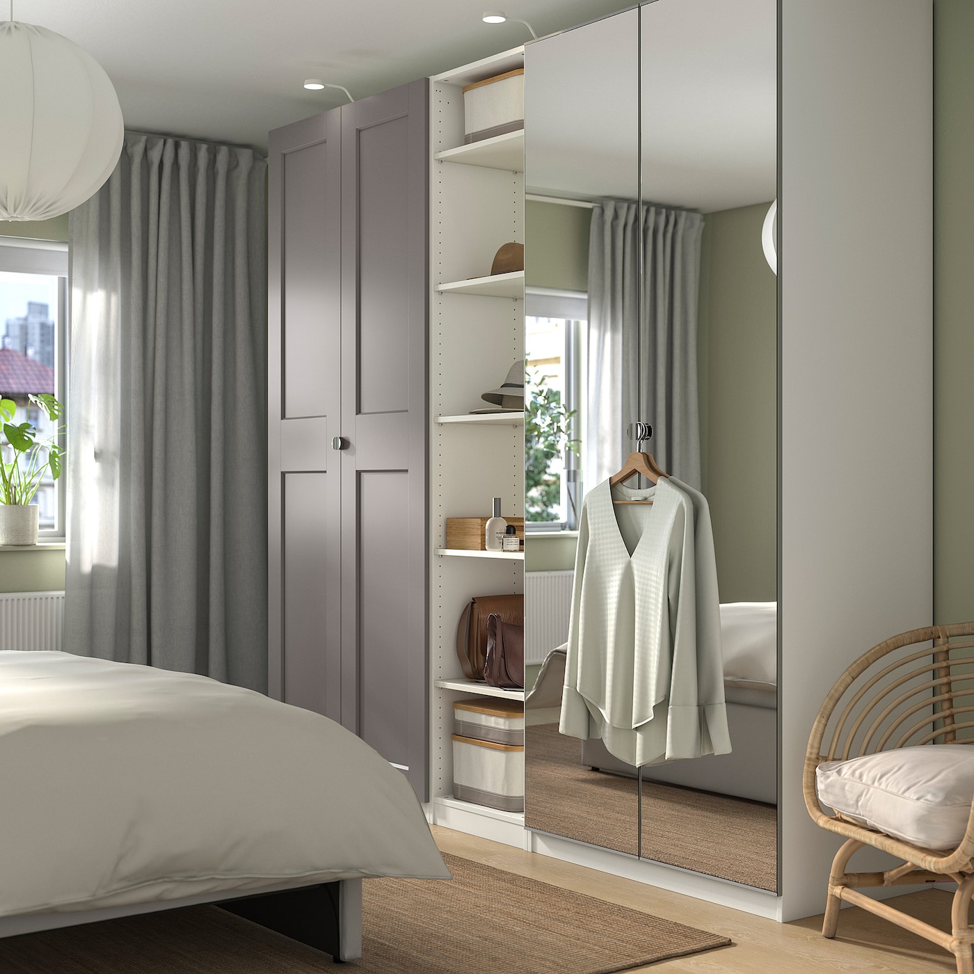 Фото ПАКС/ГРИМО/ВИКЕДАЛЬ Гардероб белое/серое зеркальное стекло